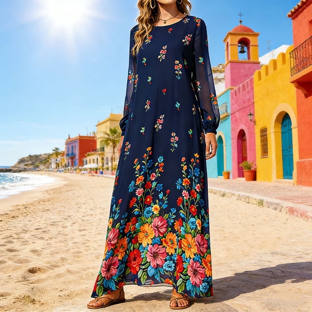 TaTaai Spring Summer Solid Color Printed Dress for Women Chiffon Long Sleeve Round Neck Casual Flowy Midi Dress Soft Comfy Daily Vacation Outfits Gift