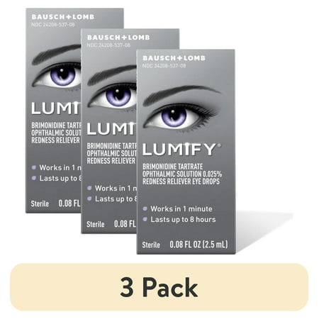 (3 pack) LUMIFY Redness Reliever Eye Drops, Brimonidine Tartrate 0.025%, Works in 1 Minute, Lasts up to 8 Hours, Sterile, 0.08 FL OZ