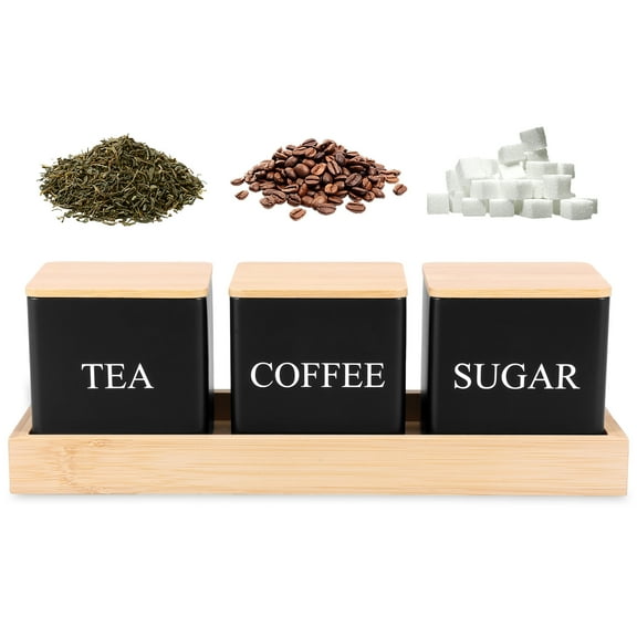3 Pcs Metal Tea Coffee Sugar Canisters with Bamboo Lid and Tray Versatile Tea Coffee Sugar Storage Jars Space Saving Food Storage Jars for Kitchen Counter
