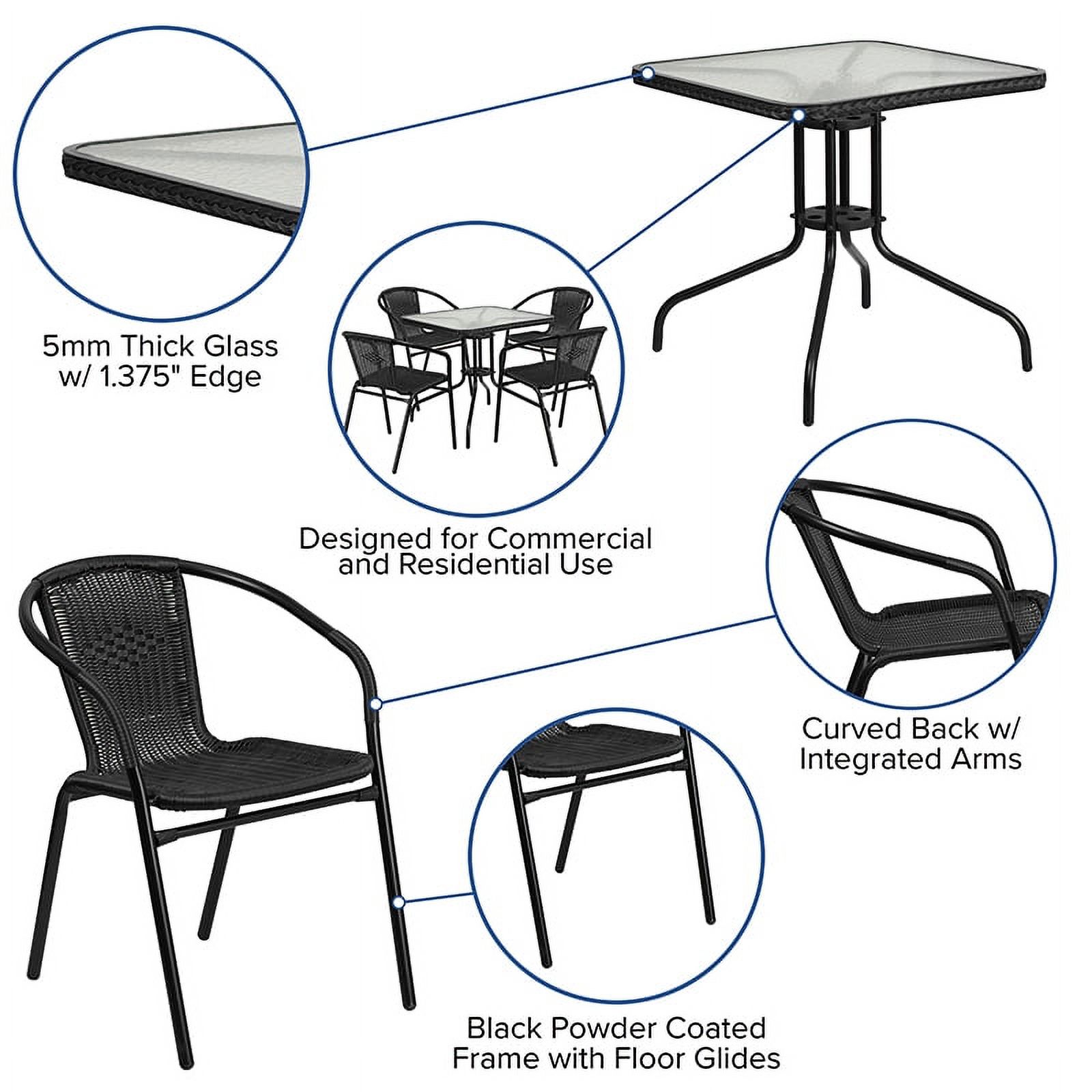 Flash Furniture 28'' Square Glass Metal Table with Black Rattan Edging and 4 Black Rattan Stack Chairs - image 2 of 10