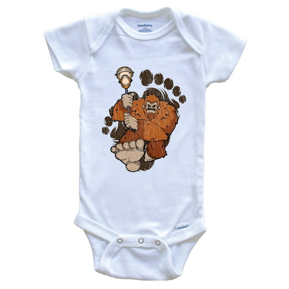 Bigfoot Lacrosse Baby Bodysuit - Sasquatch Playing Lacrosse Baby Bodysuit, 0-3 months white