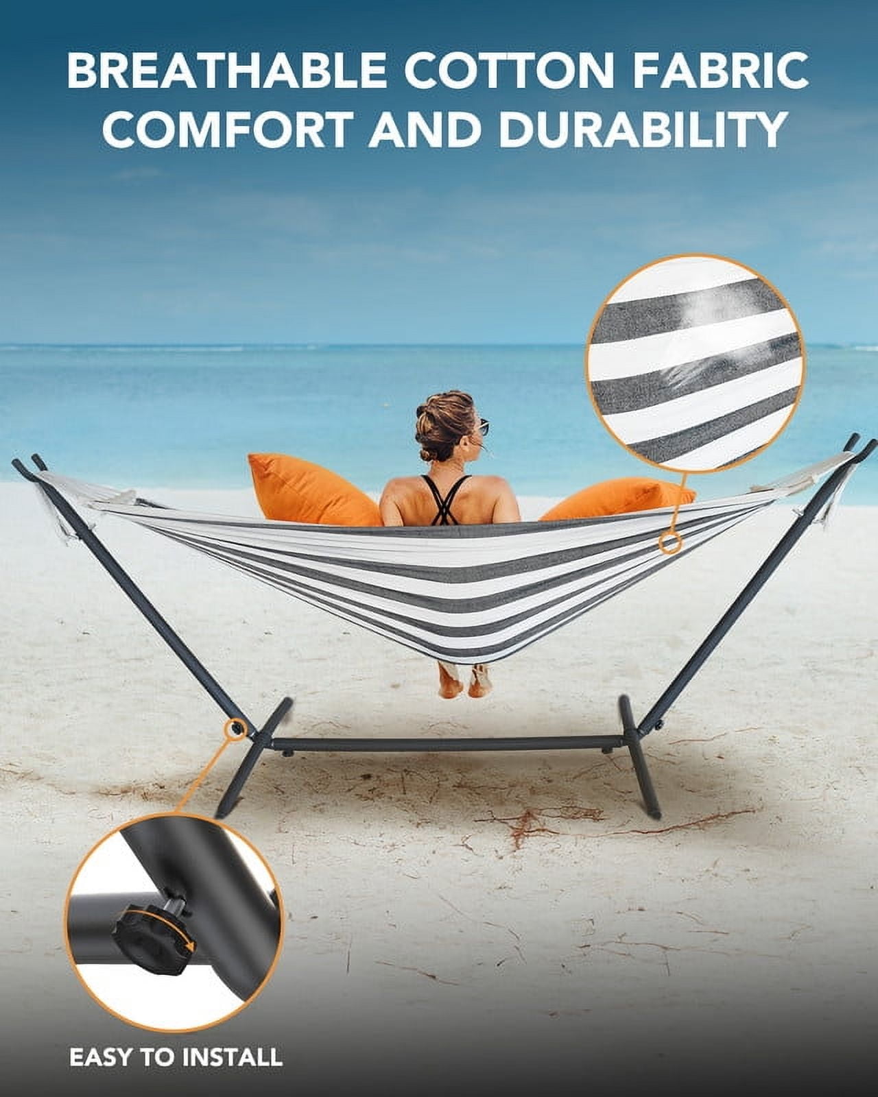KEESTP Comfortable 2 Person Hammock with Stand,Portable Detachable Brazilian Hammock,450lb Capacity - Black