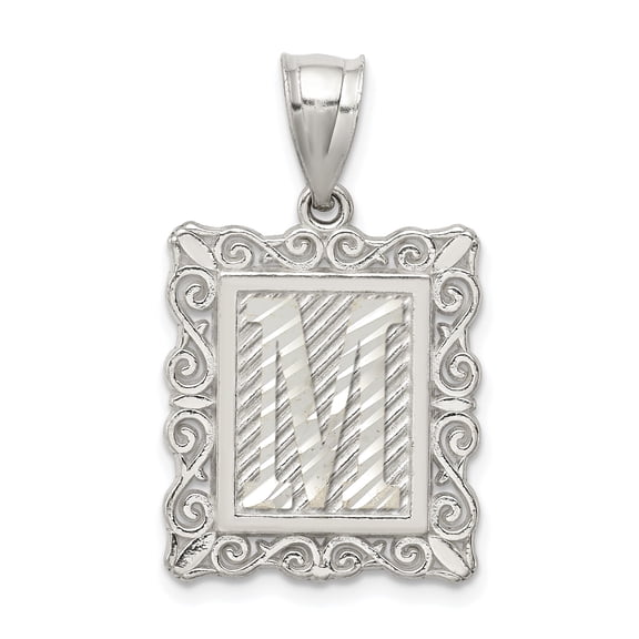 Sterling Silver Initial M Pendant Necklace for Women and Men, Rectangular Monogram Charm with Scroll Border and Textured Background, Personalized Letter Jewelry
