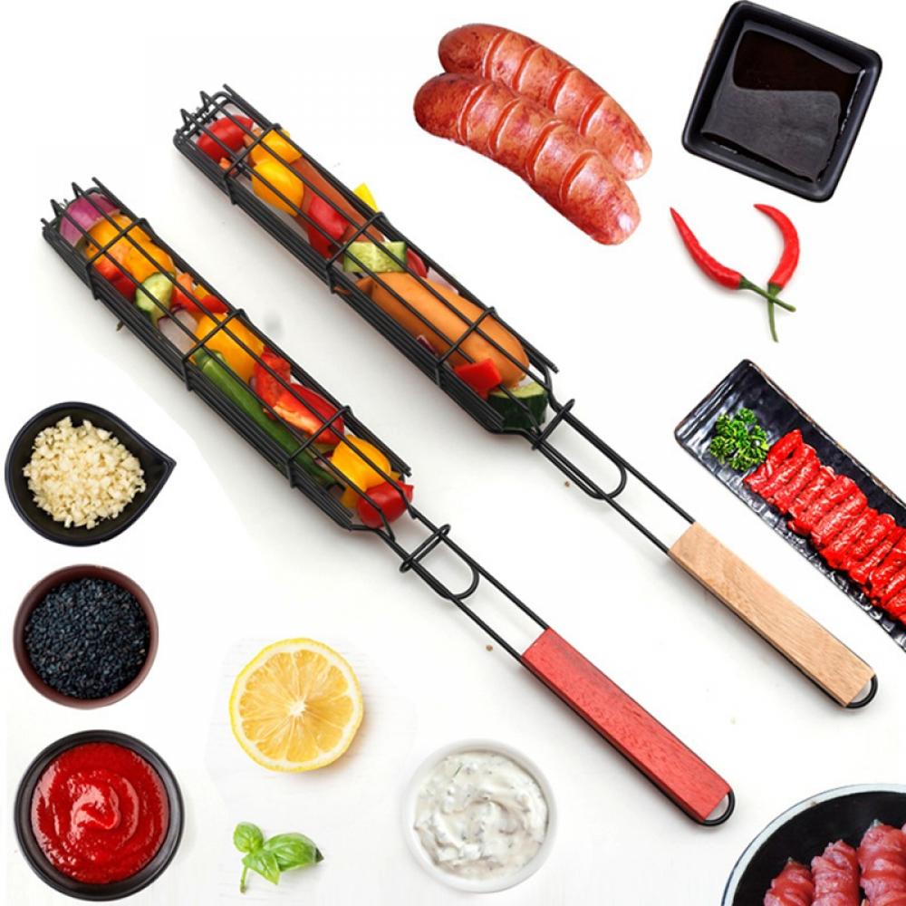 Nonstick Kabob Grilling Baskets, BBQ Smoker Rotisserie Basket for Grilling Vegetables, Hot Dog Barbecue Cage Sausage Grill Clip Barbecue Wooden Handle Barbecue Tool Grill Basket Grill - image 2 of 8