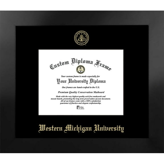 Western Michigan University 9.625w x 7.625h Manhattan Black Single Mat Gold Embossed Diploma Frame with Bonus Campus Images Lithograph (value savings at $59)