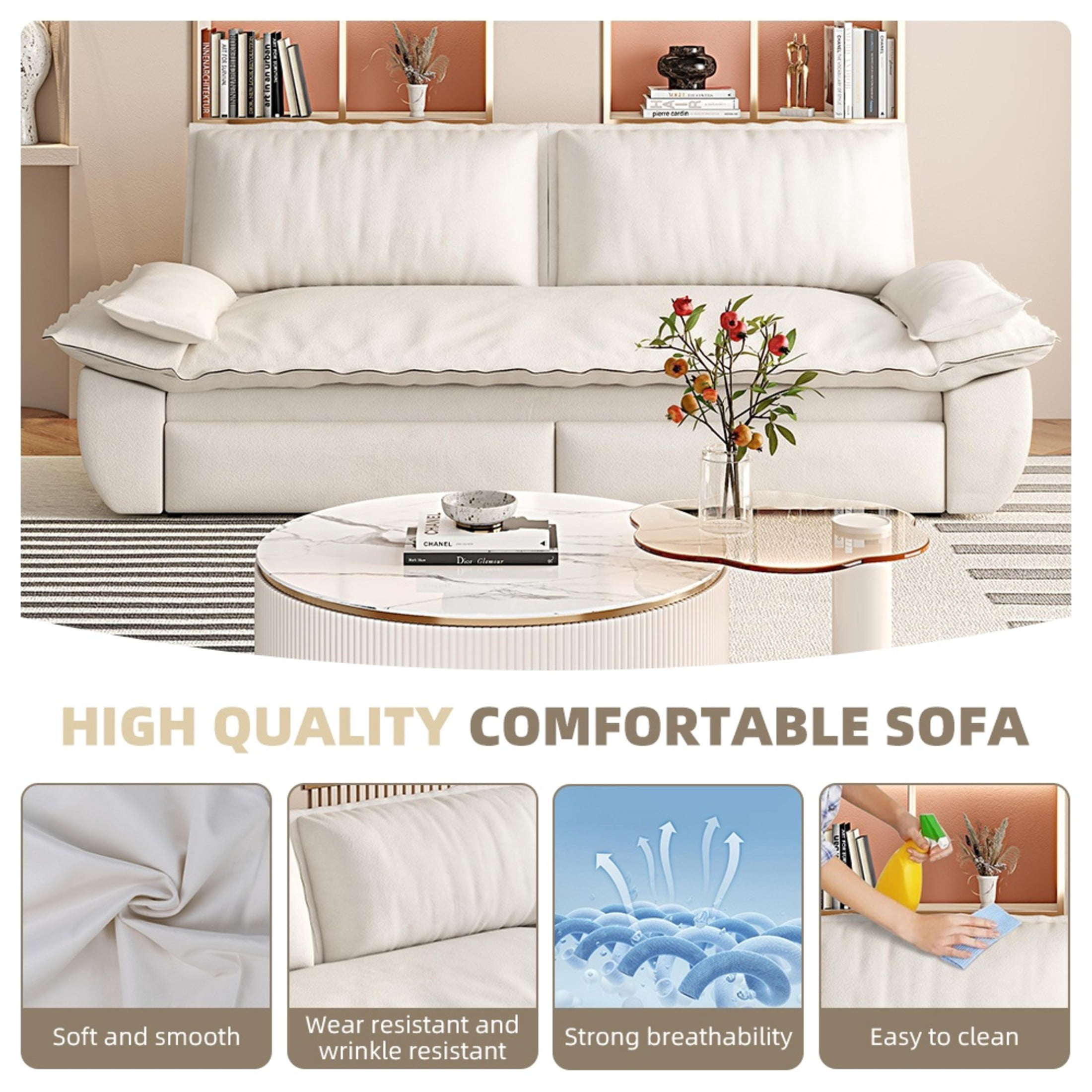 Noble House Cersie Velvet Pull-Out Loveseat Sofa Bed, Multifunctional 3-in-1 Convertible Queen Sleeper Couch, Beige White