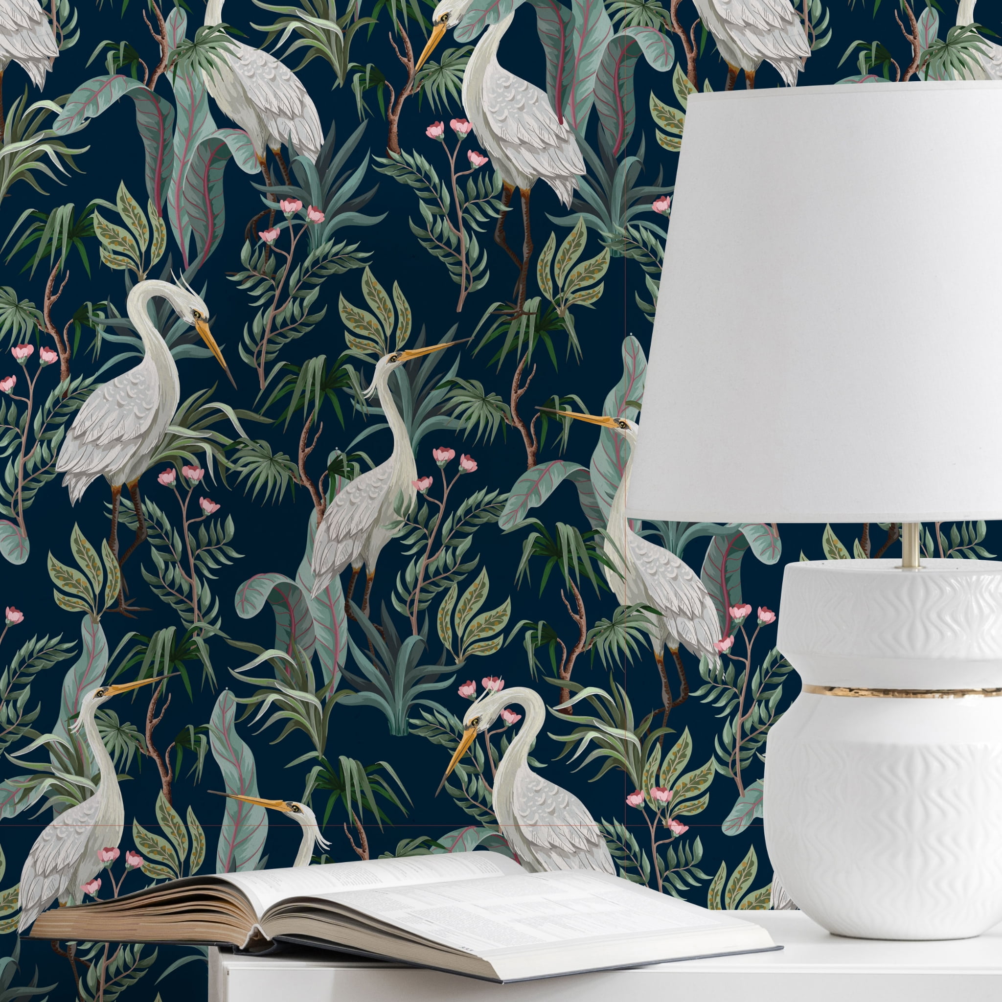 Main Street Blue Egrets Peel-and-Stick Removable Vinyl Wallpaper Panels, 16" x 24", 8 Pack