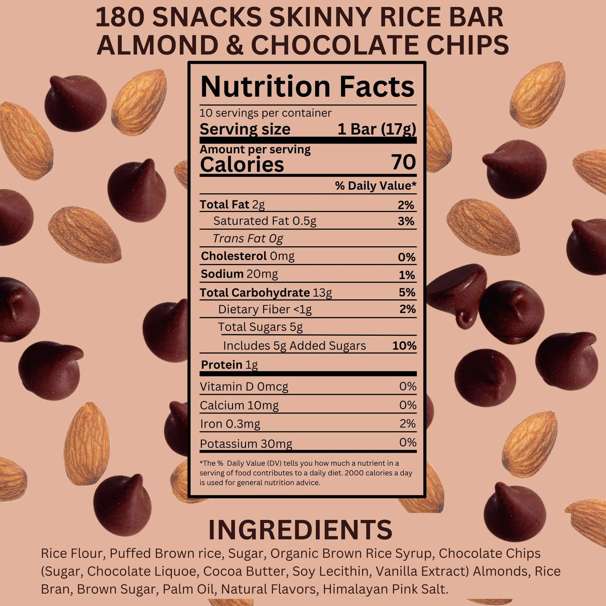 180 Snacks Skinny Rice Bars with Almonds & Chocolate Chips 6 Oz 1 Pack, Low Calorie Vegan Gluten-Free Healthy Snacks Bars