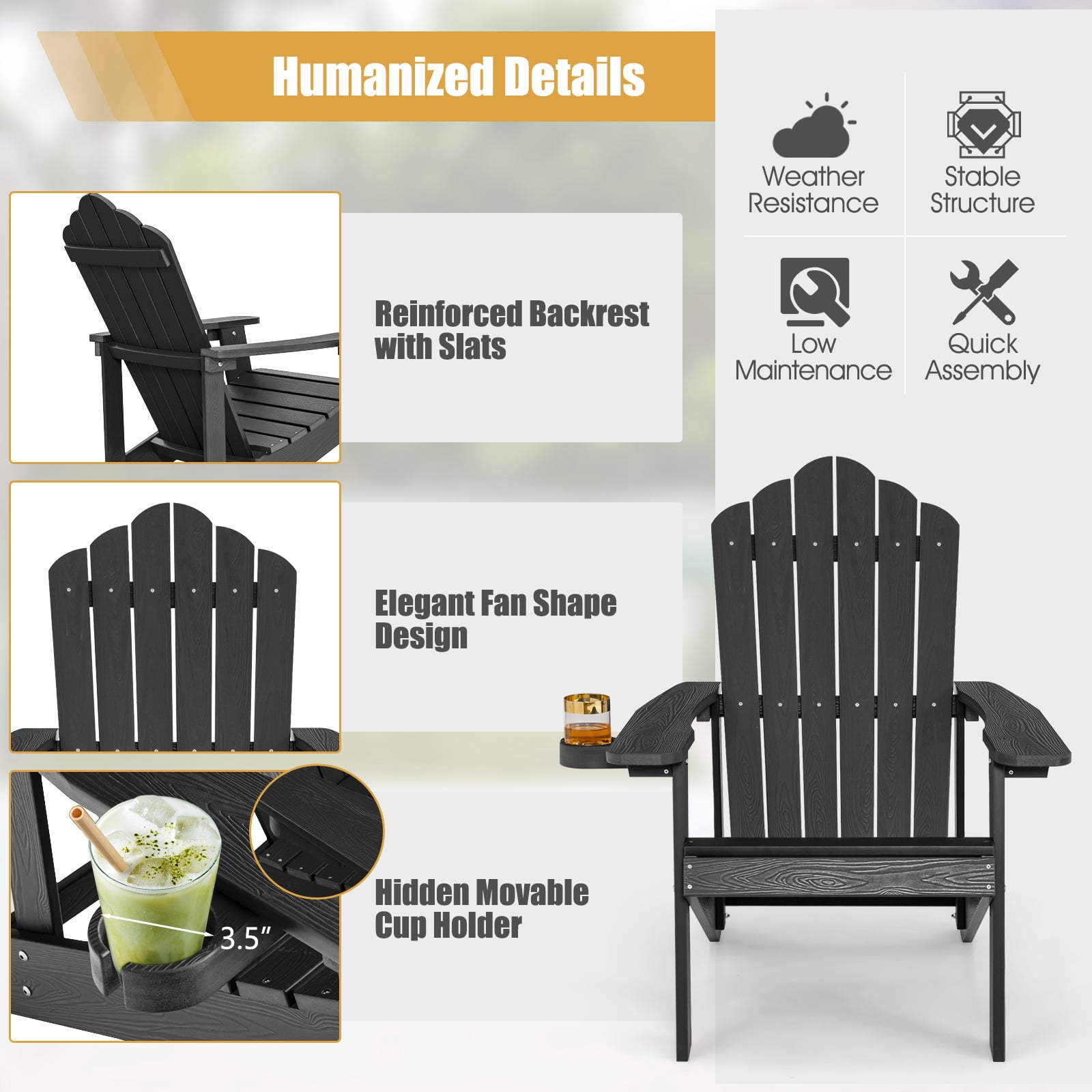 Costway Patio HIPS Adirondack Chair with Cup Holder Weather Resistant Outdoor 380 LBS Black