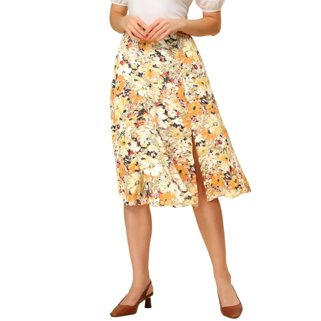 INSPIRE CHIC Women's High Waisted Split Hem A-Line Floral Skirts Yellow M