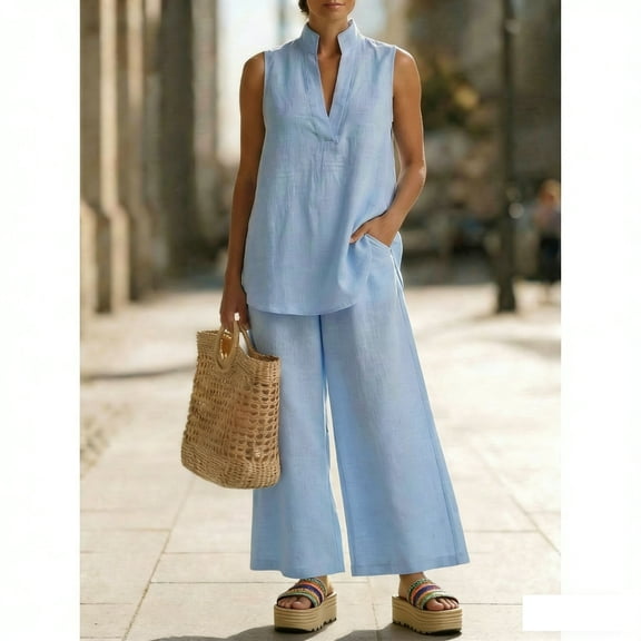 Cagogo Women Plus Size 2 Piece Set V Neck Sleeveless Tshirt Wide Leg Pants Casual Summer Outfits Loose Boho Streetwear Matching Lounge Set Tracksuit Travel Airport Clothes, Blue 2XL