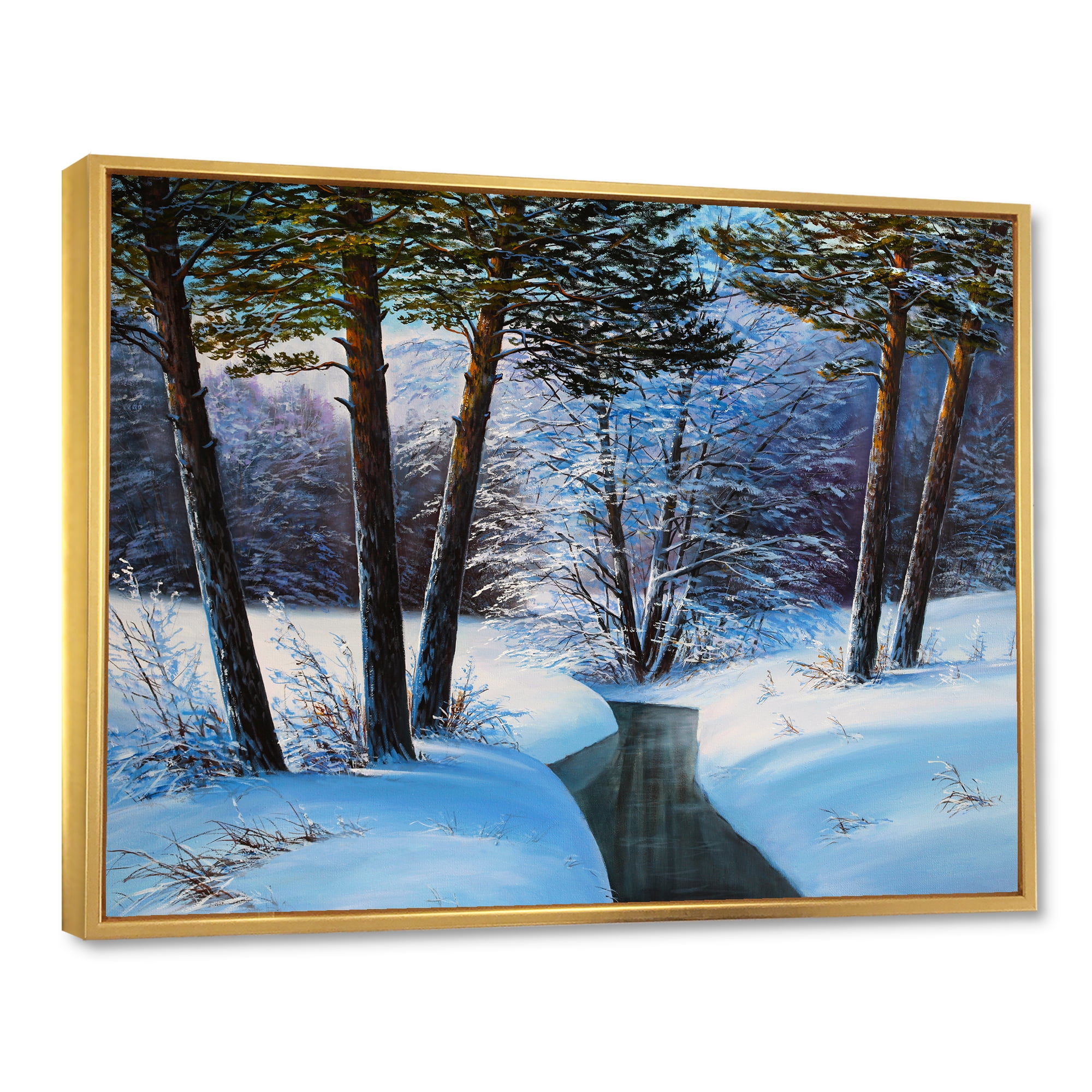 Designart 'Christmas Forest With Trees and River III' Traditional Framed Canvas Wall Art Print