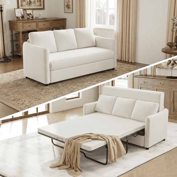 JUDISELEX 70"Sleeper Sofa Loveseat with Pull Out Full Size Bed,Mattress Included, Convertible Couch with Thick Soft Cushions,Comfortable Sofa Bed for Living Room,White