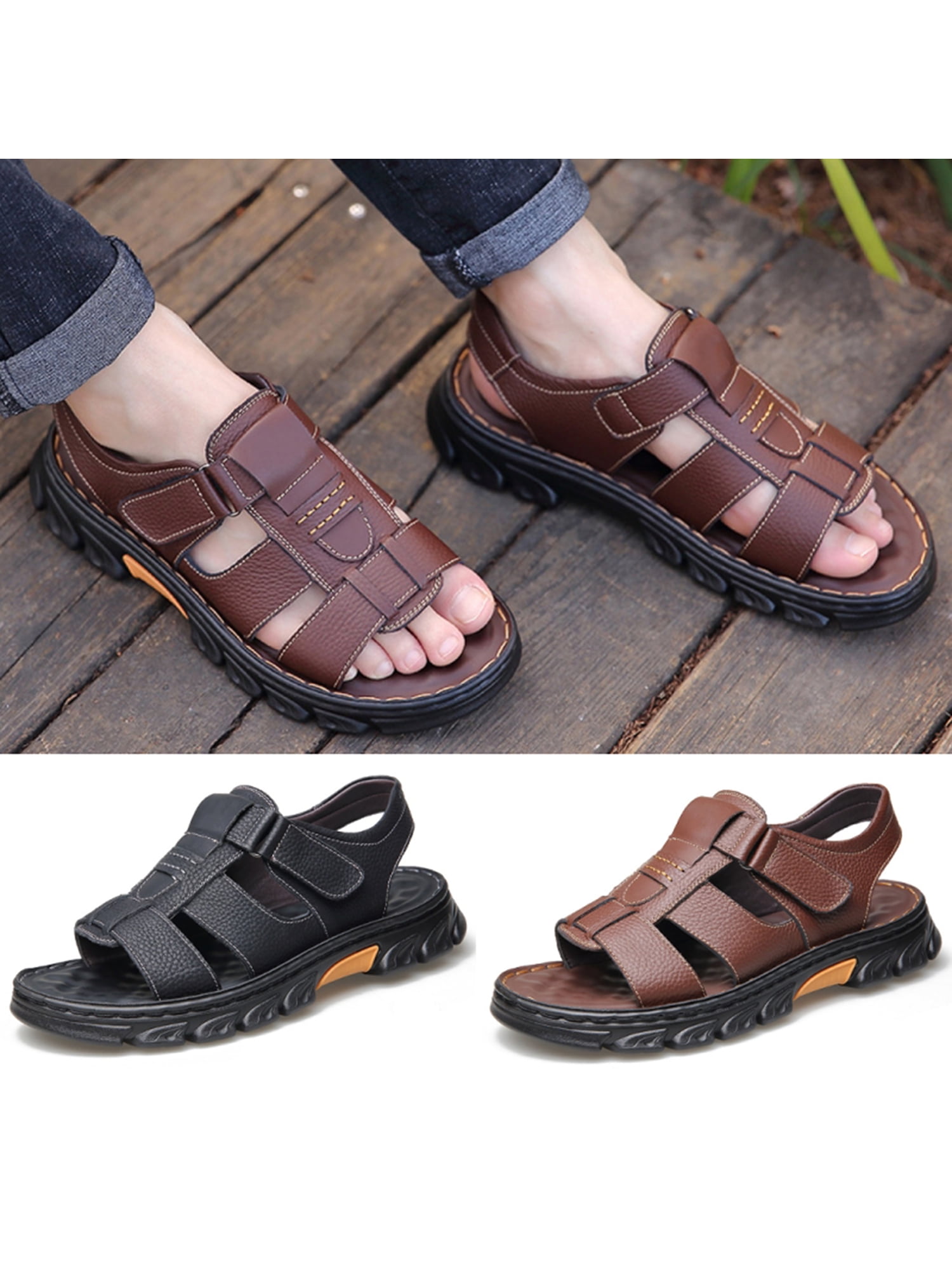 Daeful Men's Leather Sandals Outdoor Water Beach Shoes for Summer Open