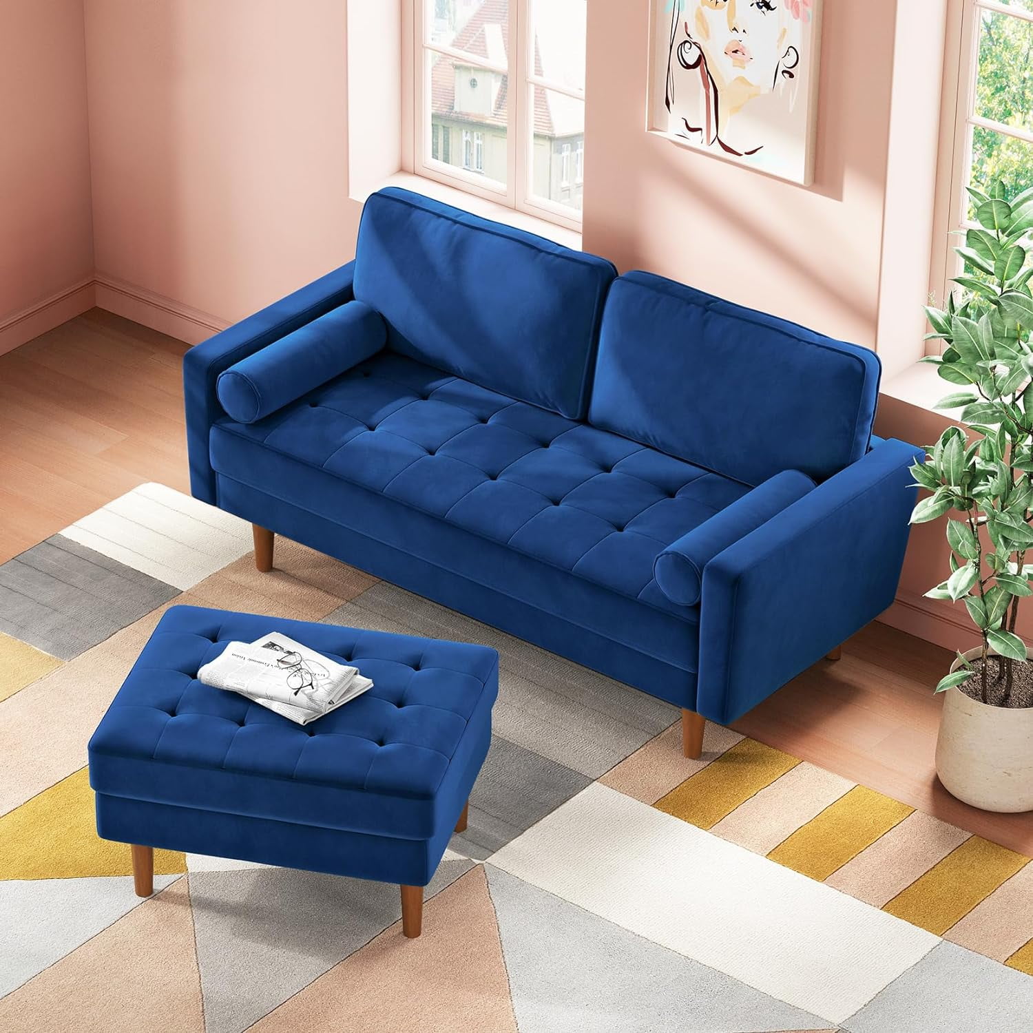 Neche 59" Velvet Spring Sofa Couch for Living Room, Office, Small Space, Solid Wood Leg, One Box,Blue