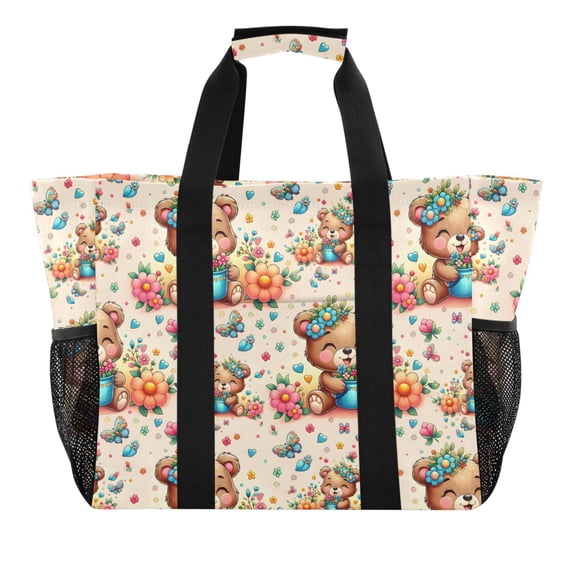 Cartoon Bear and Flower Reusable Grocery Bags with Handle Side Pocket Waterproof Shopping Portable Tote