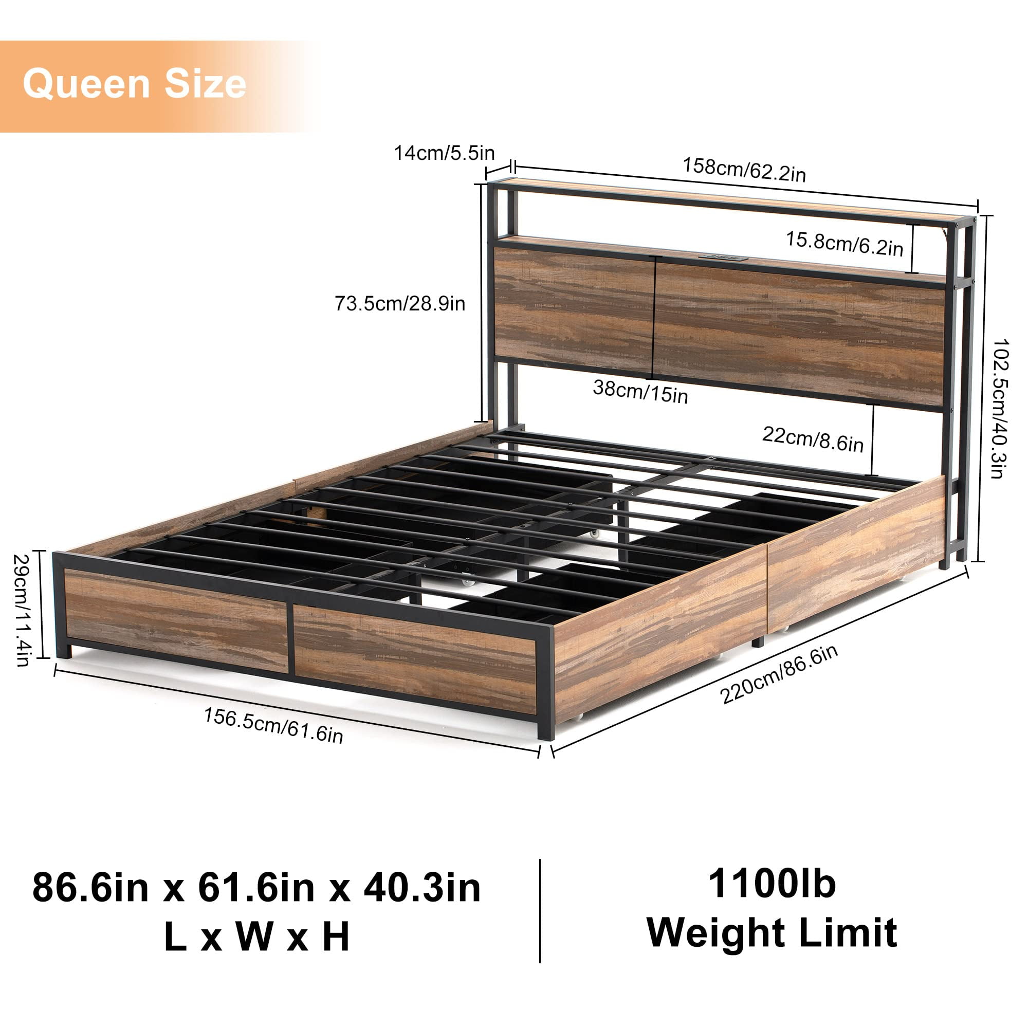 LED Queen Size Bed Frame with Builtin Power Station, USB Ports, and Storage Drawers  (图5)