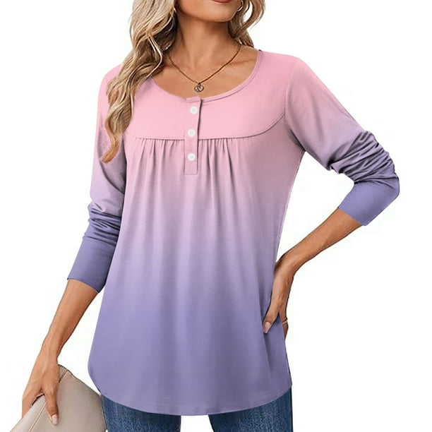 Neewe Women Tops Loose Fit Long Sleeve Round Neck Button T Shirts Business Casual Blouses Dressy Fall Fashion Work Clothes