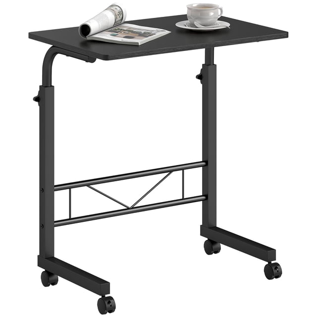 Bureau Mobile à Hauteur Réglable - Table d'Appoint en Acier Noir et Panneau de Particules pour Sofa, Lit, Salon - Table Roulante Compacte pour Portable, 23,5” x 15,8”