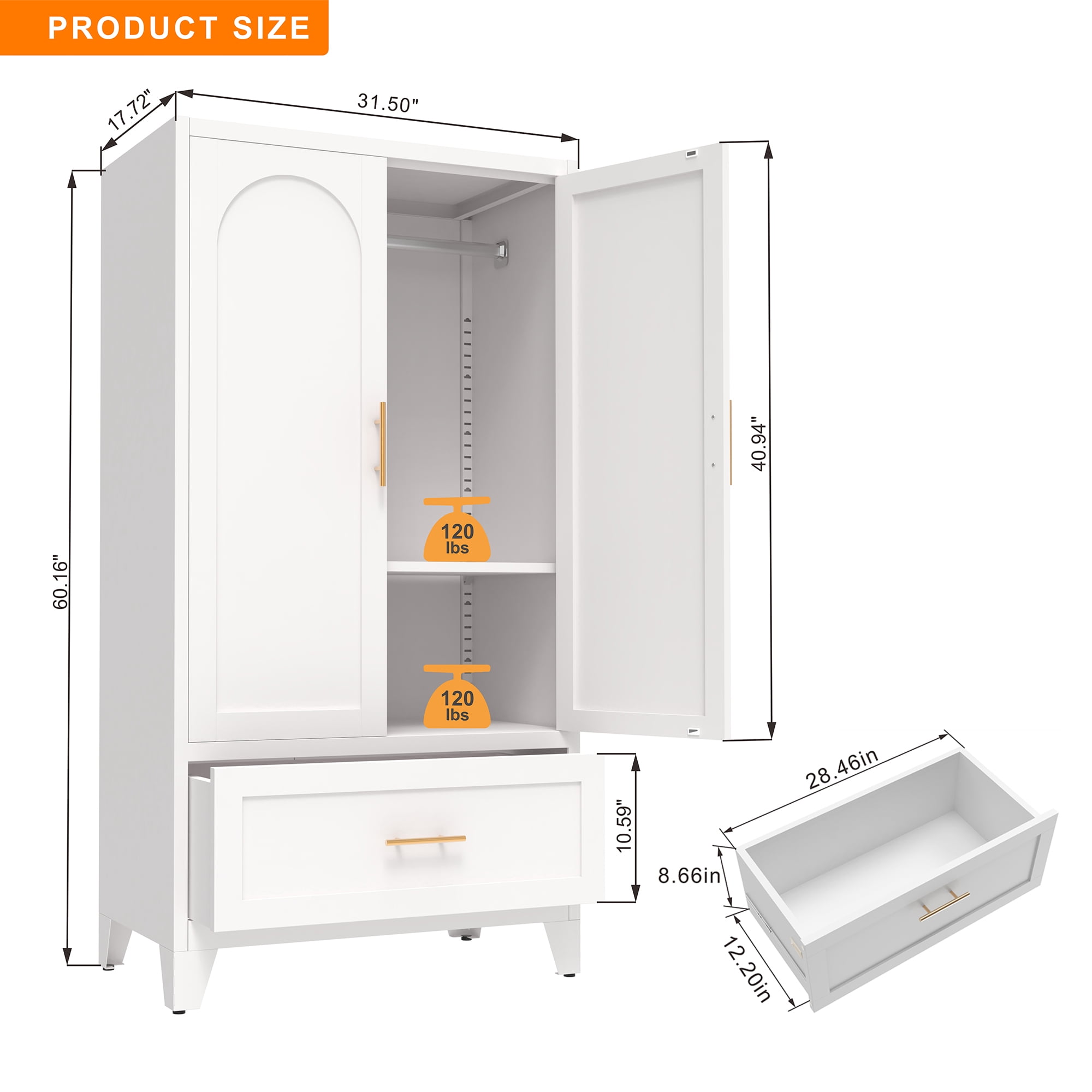 Homy Casa 60" Freestanding Armoire Wardrobe Closet with Doors, Drawer for Bedroom, White Storage Cabinet