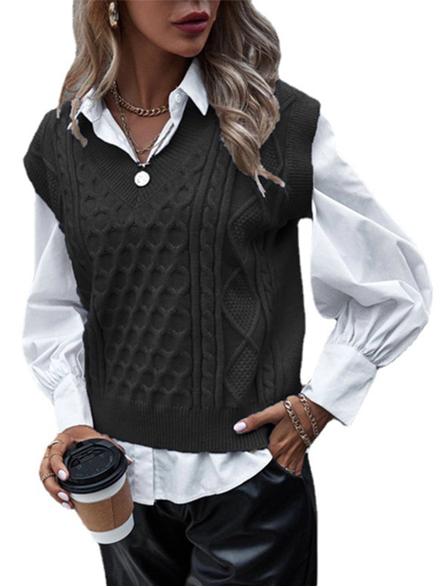Frontwalk Autumn V Neck Sweater Vest for Women Solid Color Sleeveless