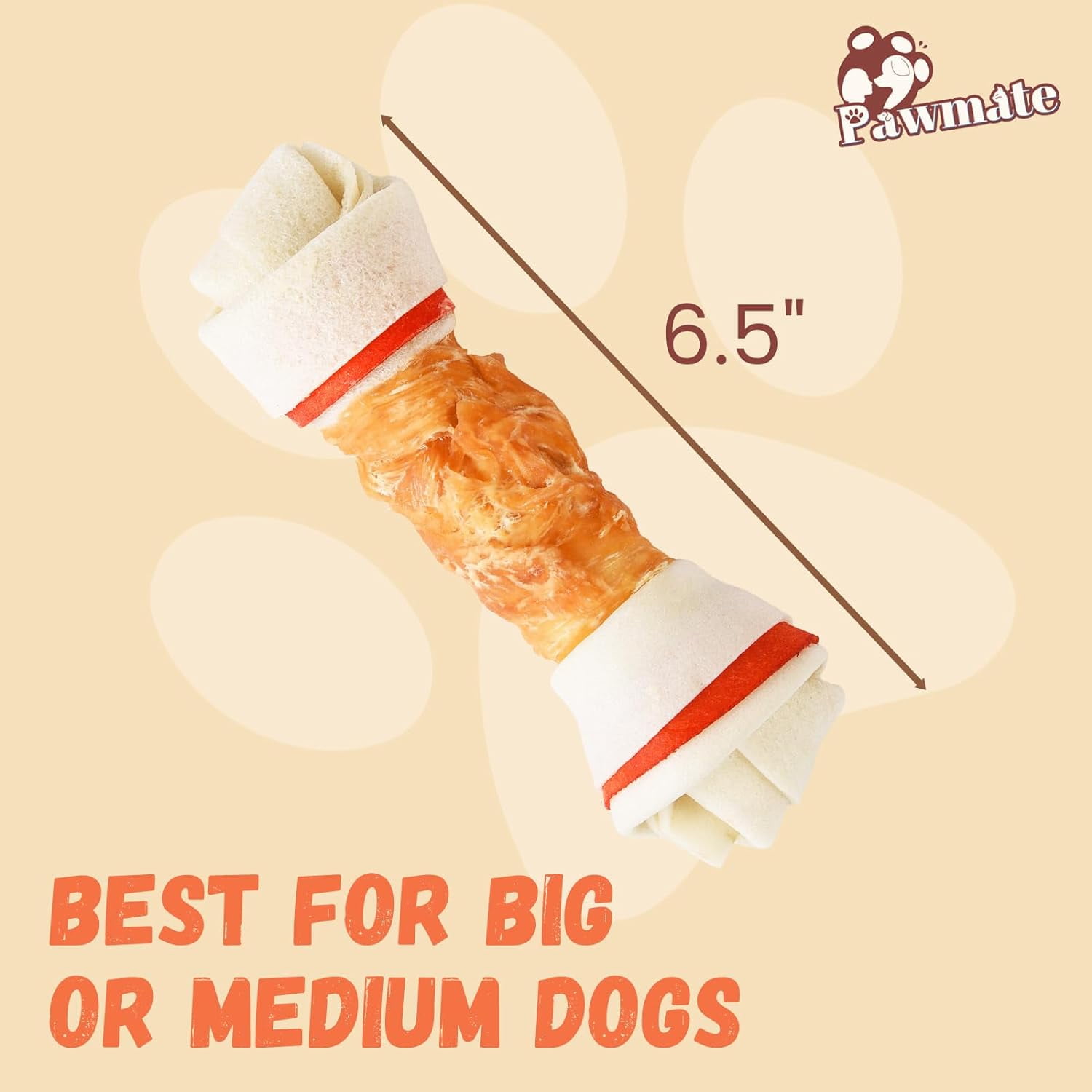 (2 pack) Pawmate Rawhide Dog Bone, Chicken Wrapped 6.5" Knotted Bones, Long-Lasting Chews for Large Dogs, 4 Count