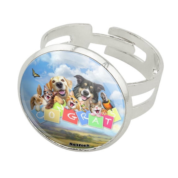 Pet Congratulations Selfie Dogs Cats Silver Plated Adjustable Novelty Ring
