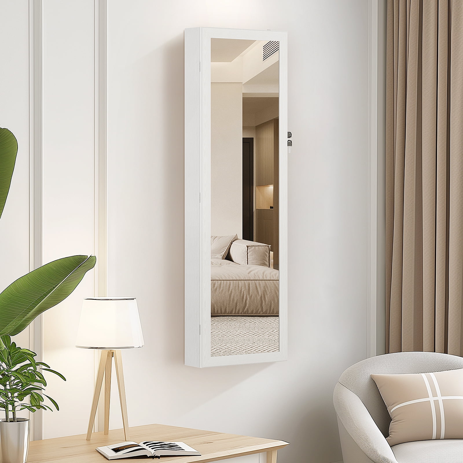 GIANNA Jewelry Cabinet With Lights, Lockable Jewelry Organizer Rotatable Full Length Mirror, Wall Mounted/Door Hanging, 47.2-Inch Tall, White