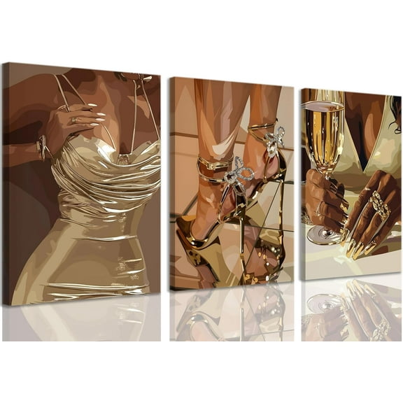 3Pcs Black Woman Wall Art African American Woman Wall Decor Boho Black Girl Prints Posters Fashion Black Lady People Canvas Paintings Pictures for Living Room Bedroom Unframed