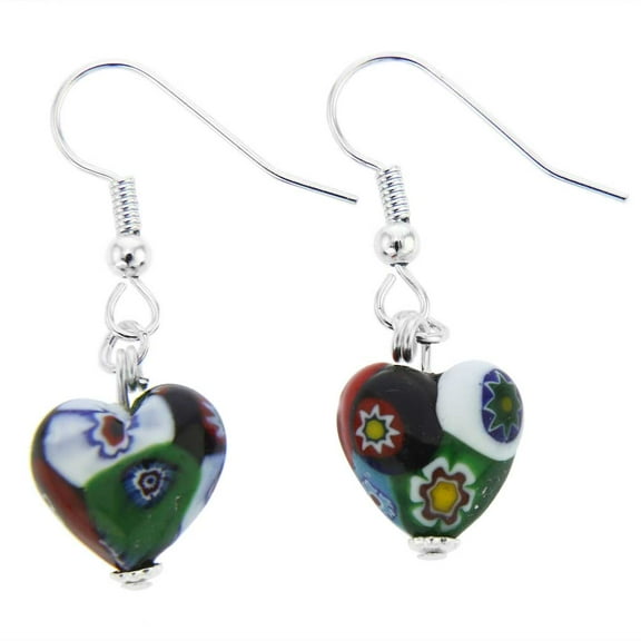 GlassOfVenice Murano Glass Mosaic Millefiori Heart Earrings - Silver