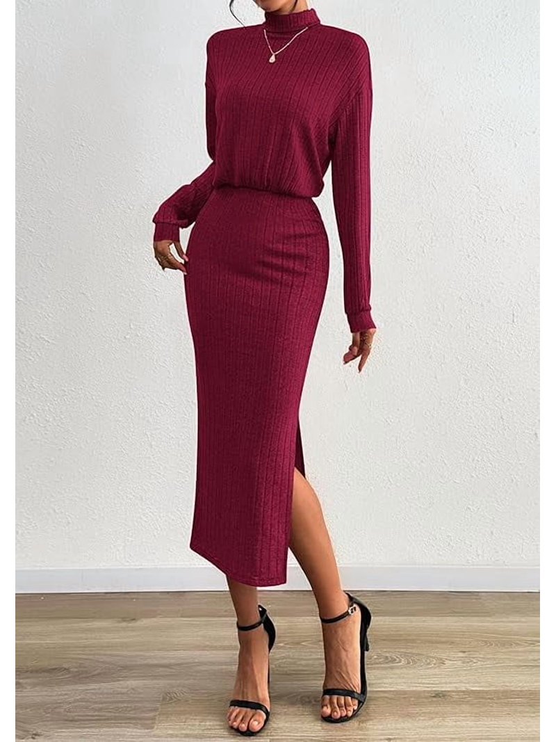 PRETTYGARDEN Turtle Neck Dresses for Women Fall Knit Outfits Slit Elastic  Waist Long Sleeve Bodycon Midi Sweater Dress - Walmart.com