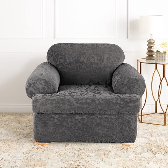 SureFit Stretch Jacquard Damask 2 Piece T Cushion Chair Slipcover in Gray