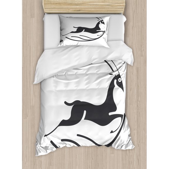 Antelope Duvet Cover Set Twin Size, Monochrome Style Graphic Image of Modern Style Unfinished Animal Design, Decorative 2 Piece Bedding Set with 1 Pillow Sham, Dark Blue Grey White, by Ambesonne