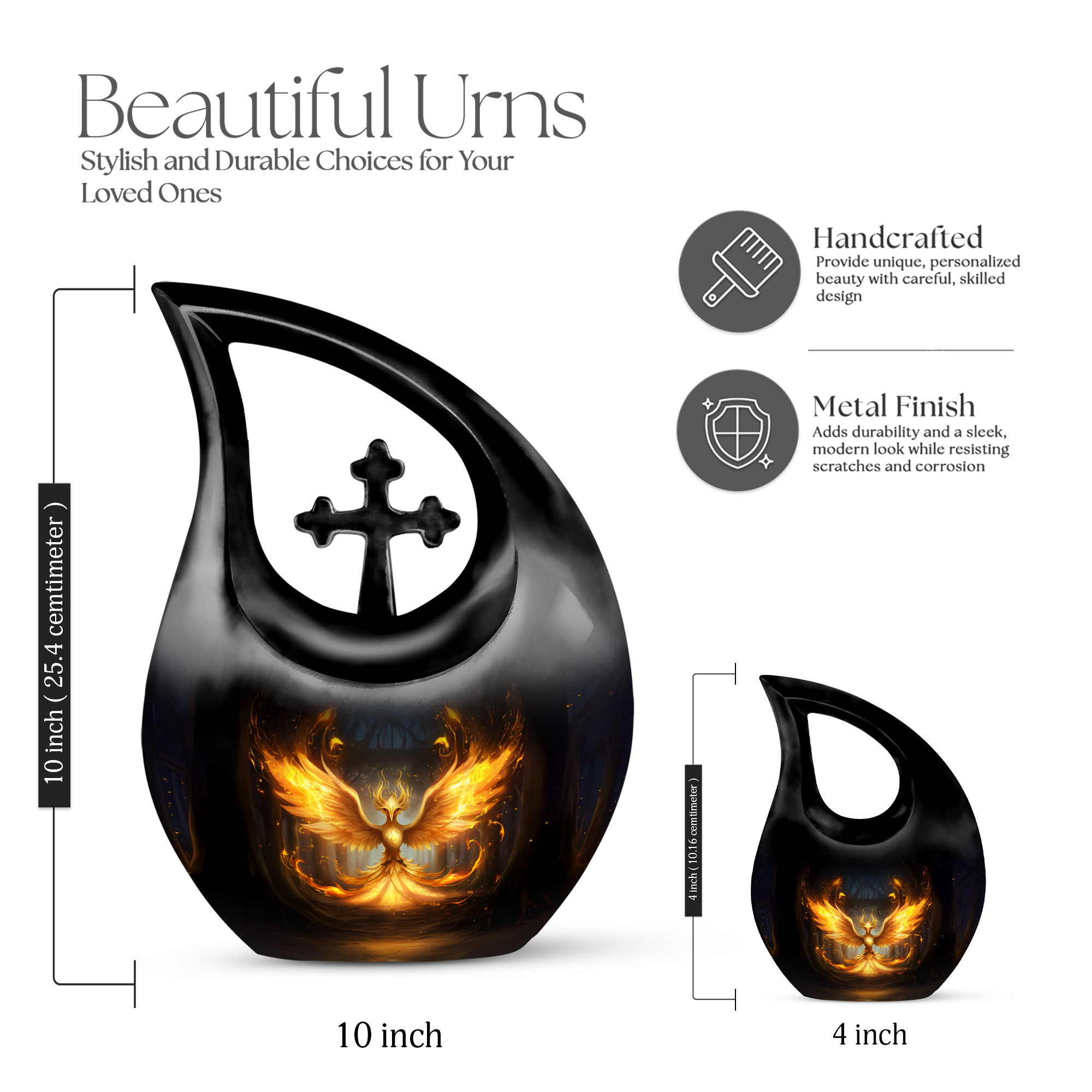 MUKTIVE Phoenix Design Urn for Ashes, Tear Drop Urns for Human Ashes, Cremation Urns for Women, Memorial Black Urn for Teenager (1 Large, 4 Keepsake)
