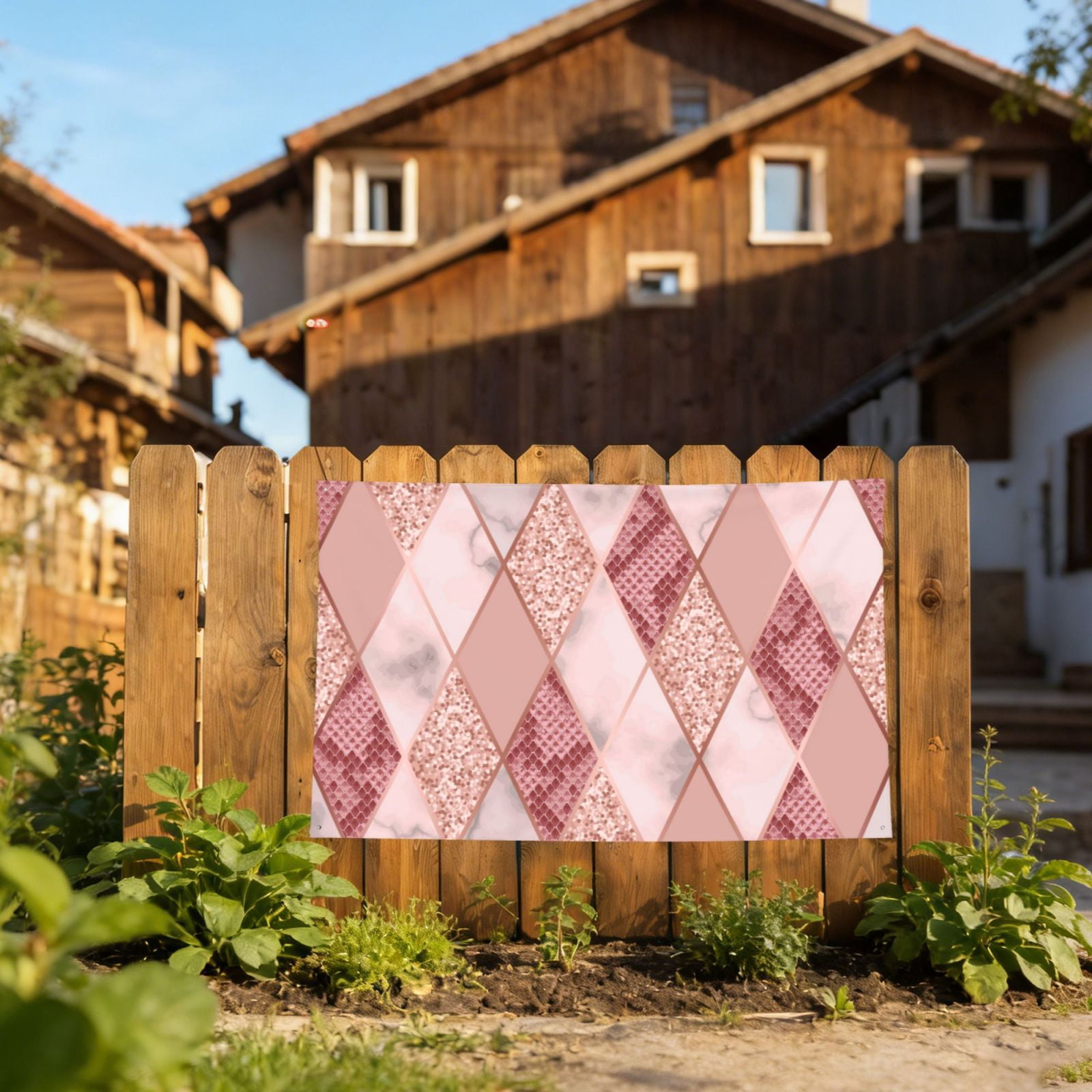 Rose Gold Marble Snakeskin Geometric Four Hole Decorated Banner Flag for Garden Yard Home Decoration Indoor Outdoor 4x6 Ft