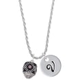 thumbnail image 1 of Delight Jewelry Silvertone Diagonal Banded Barrel with Pink Crystals Spinner Silvertone Script Initial Disc - V - Charm Necklace, 20"+3", 1 of 4