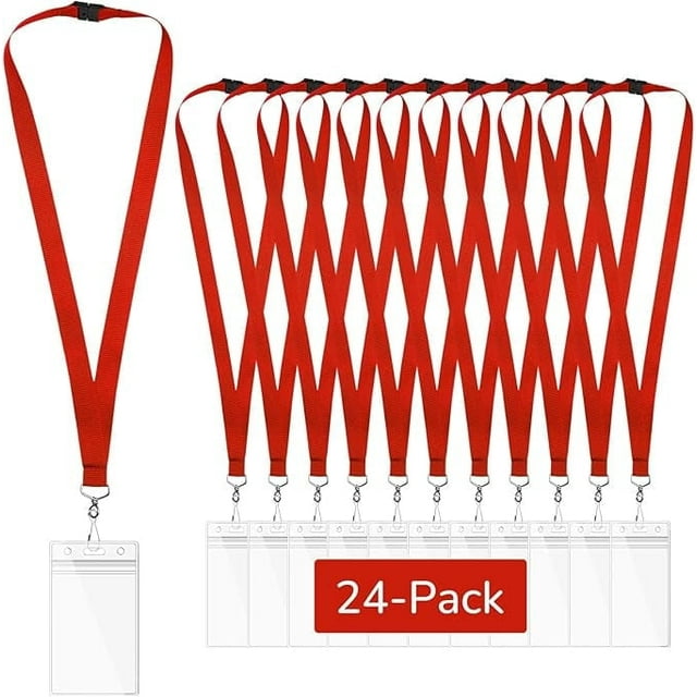 Lot de 24 Cordons Rouges à Dégagement Rapide avec Porte-Badges Imperméables, Crochet en Métal, Sangles de Cou en Polyester pour Cartes d'Identité, Événements, Bureau et Écoles