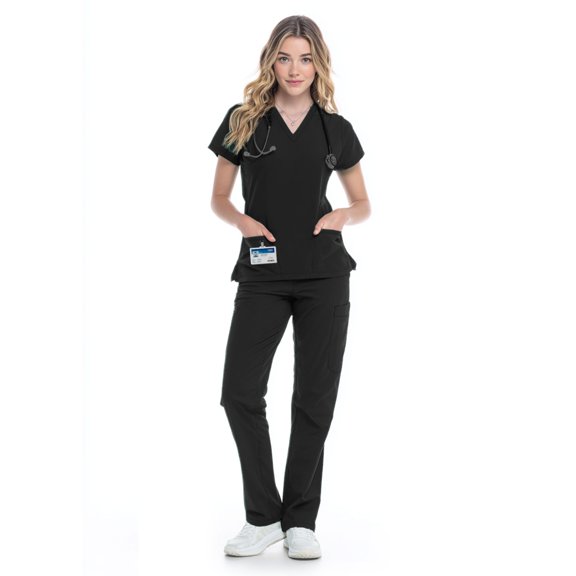 RAYGARD Women’s Medical Scrub Set – Stretch V-Neck Top & Cargo Pant Nurse Uniform with 8 Pockets