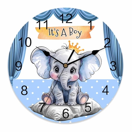 Wall Clock 12 Inch Cute Animal Round Silent Decorative Wall Clocks Battery Operated for Living Room Bedroom Kitchen Classroom Decor, Cartoon Elephant Polka Dot Birthday Blue,Large
