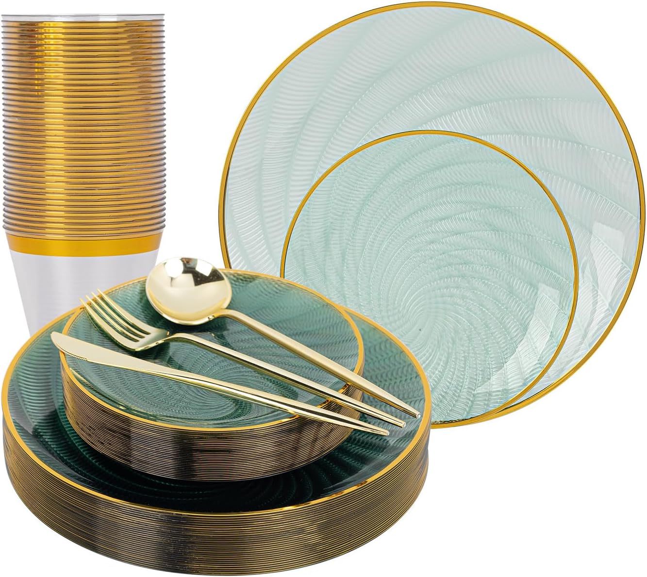 180Pcs Green Plastic Plates- Disposable Dinnerware Set with Gold Rim for 30 Guests, Include 30Dinner Plate, 30Dessert Plates, 30Cups, 90Silverware for Party & Wedding
