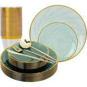 180Pcs Green Plastic Plates- Disposable Dinnerware Set with Gold Rim for 30 Guests, Include 30Dinner Plate, 30Dessert Plates, 30Cups, 90Silverware for Party & Wedding