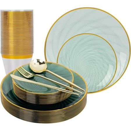 180Pcs Green Plastic Plates- Disposable Dinnerware Set with Gold Rim for 30 Guests, Include 30Dinner Plate, 30Dessert Plates, 30Cups, 90Silverware for Party & Wedding