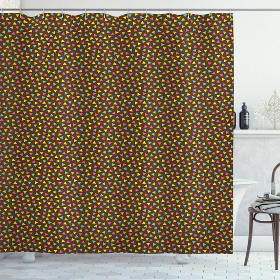 Colorful Shower Curtain, Retro Style Pattern with Small Triangles Minimalist Geometric Design, Fabric Bathroom Set with Hooks, 69W X 70L Inches, Brown and Multicolor, by Ambesonne