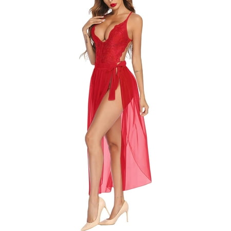 Women One Piece Lingerie Deep V Lace Bodysuit Mosaic Lace Teddy Mesh Skirt