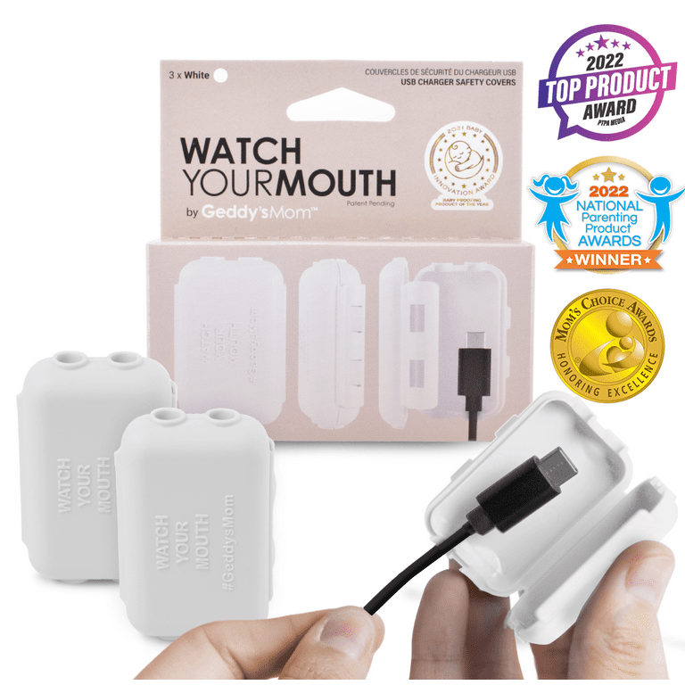 Geddy's Mom Watch Your Mouth, Baby Proofing USB Charger Safety Cover, Award Winning, White 3 Pack