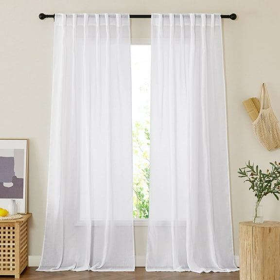 NICETOWN White Semi-Sheer Curtains for Bedroom, Linen Textured Privacy Light Filtering Vertical Drapes Rod Pocket & Back Tab Flax Blend Drapes, 52"x 84", 2 Panels