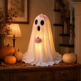 thumbnail image 2 of MYUNNIL Cute Light up Ghost Ornament, 19" White Warm LED Fabric Ghost Tabletop Decoration with Pink Plush Pumpkin & Bow, Reusable Luminous Seasonal Decor for Home Mantel Shelf Party, 2 of 4