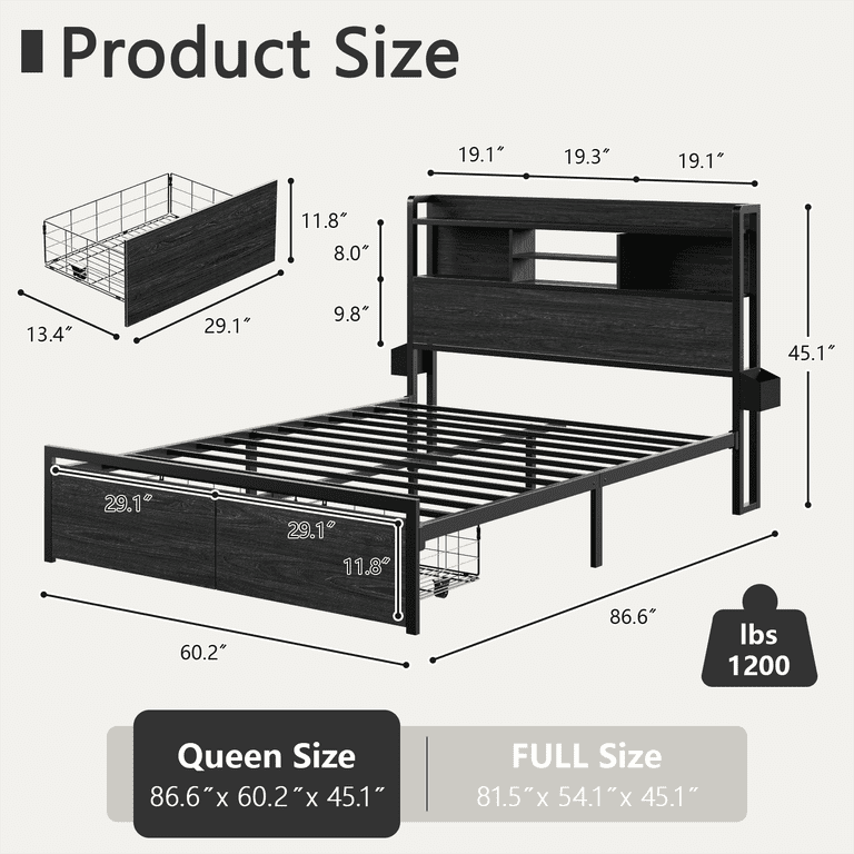 Satifur Queen LED Platform Bed, Storage Headboard photo 8
