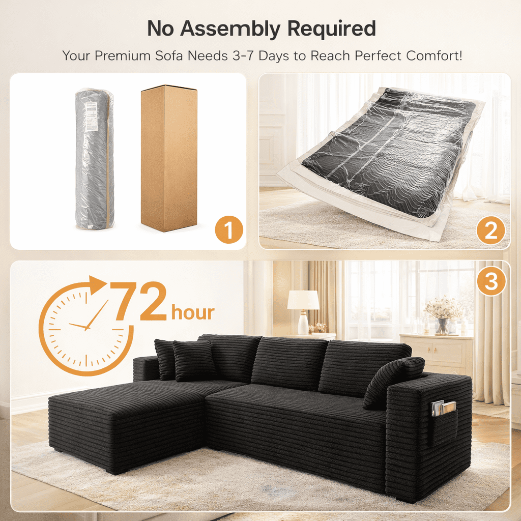 105" No-Assembly Modular L-Shaped Sectional Sofa, Comfy Corduroy Deep Seat Cloud Couch with Chaise, Modern Boneless Sofa for Living Room, Bleige