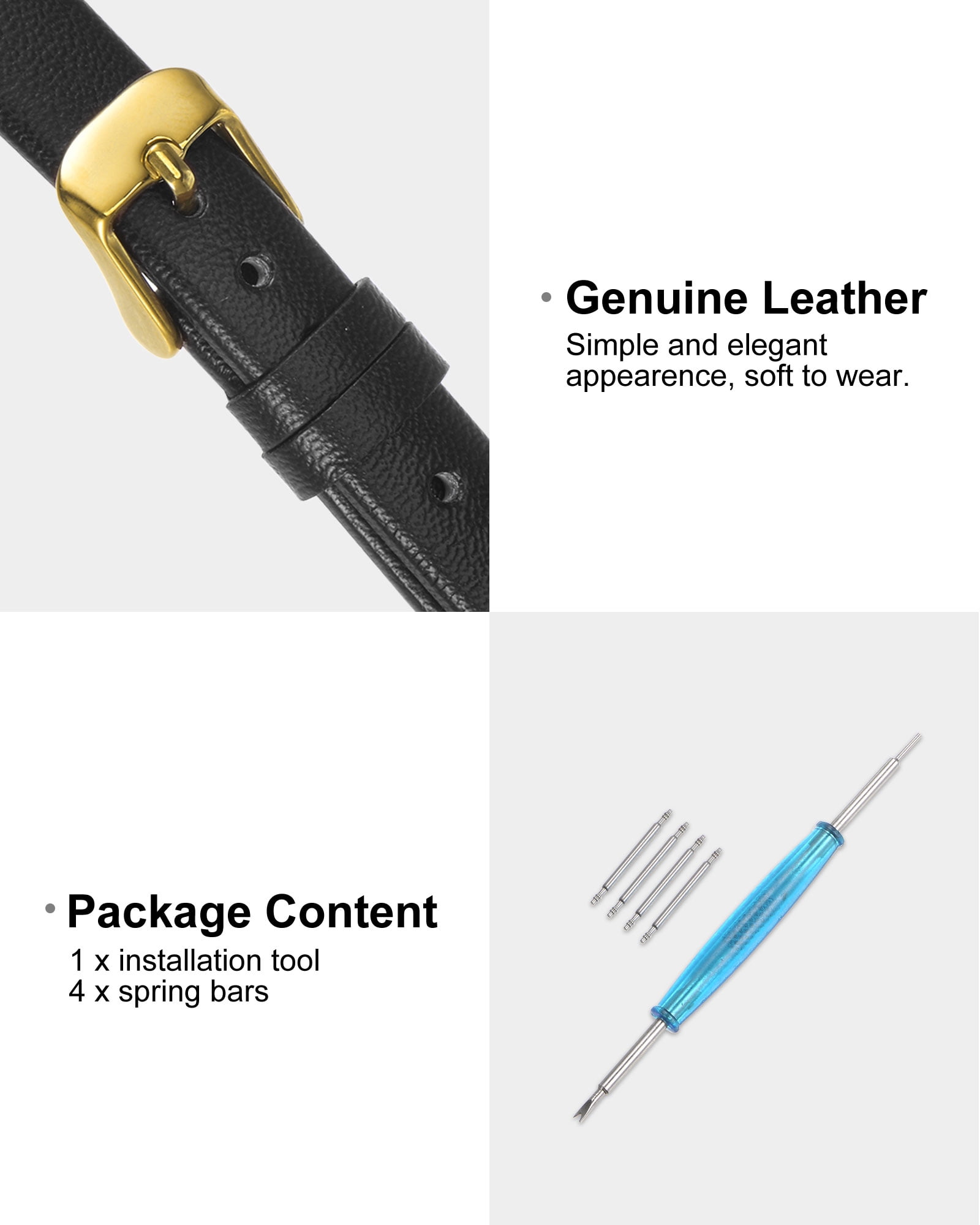Unique Bargains Multi-sizes Genuine Leather Band Flat Thin Elegant Leather Watch Strap  14mm Black Band with Gold Buckle